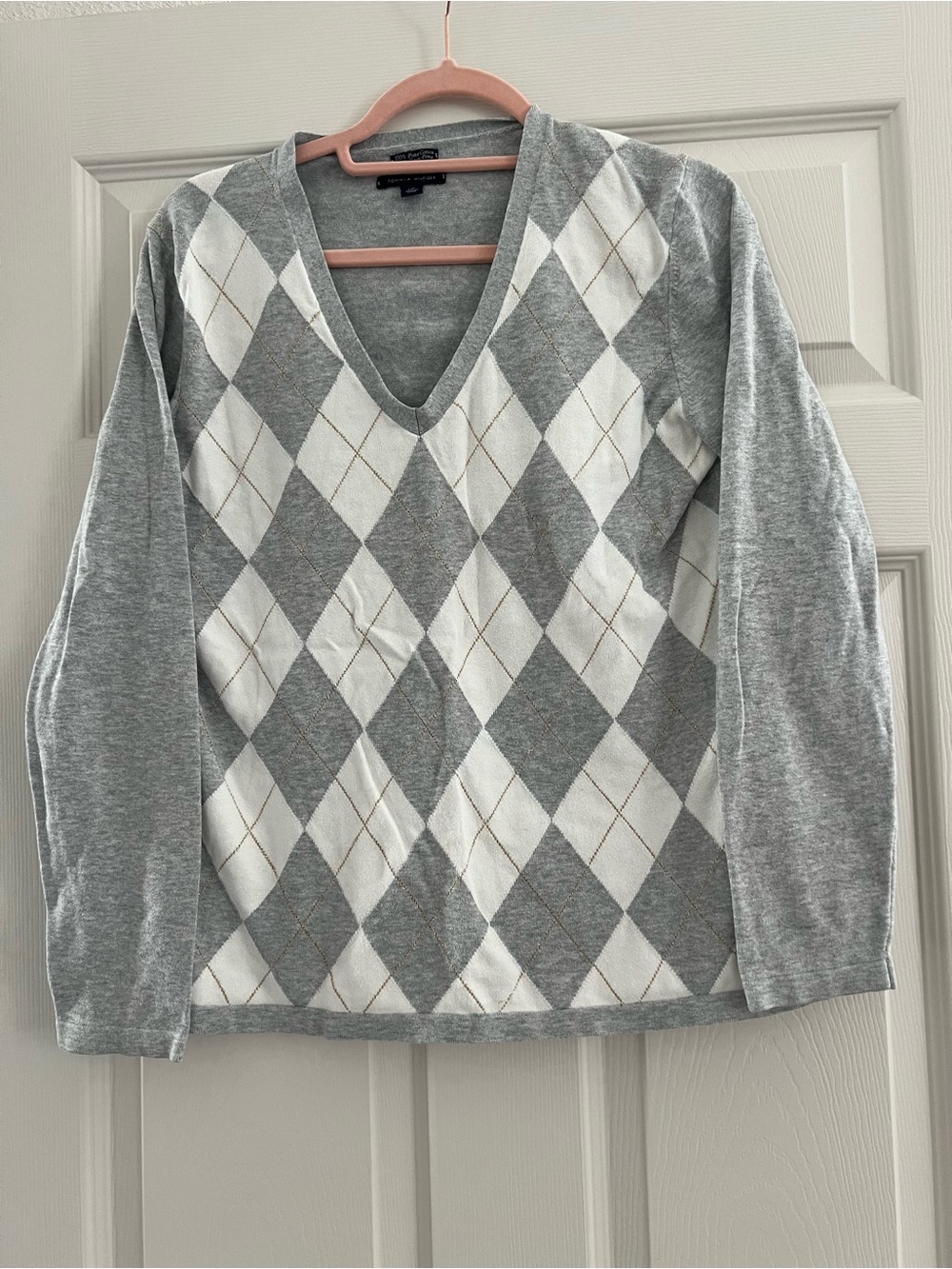 Tommy Hilfiger Gray and White Argyle V-Neck Sweater